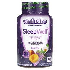 Поддержка Сна для Взрослых VitaFusion SleepWell, натуральный белый чай и персик, 60 жевательных таблеток