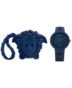 Женские швейцарские часы Medusa Pop Blue с силиконовым ремешком, 39 мм, комплект Versace
