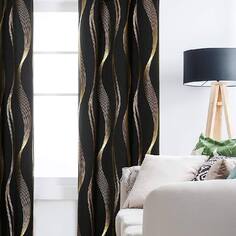 Шторы Deconovo Golden Foil Print Wave Striped Blackout, 132x274 см, черный/золотой