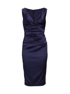 Атласное платье-футляр со сборками Talbot Runhof, синий