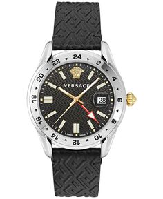Мужские швейцарские часы Greca Time GMT с черным кожаным ремешком, 41 мм Versace