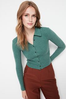 Блузка Trendyol укороченная с воротником-поло, зеленый