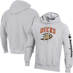 Мужской пуловер с капюшоном обратного плетения Heather Grey Anaheim Ducks Champion