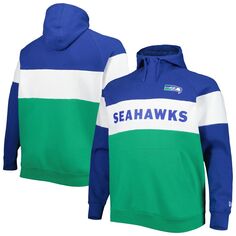 Мужской флисовый пуловер с капюшоном Royal Seattle Seahawks Big &amp; Tall Throwback с цветными блоками New Era