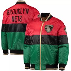 Мужская красная/черная/зеленая куртка Brooklyn Nets с молнией во всю длину, черная куртка History Month, посвященная 75-летию НБА Starter