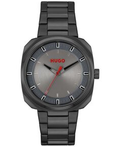Мужские пронзительные кварцевые часы из черной стали с ионным покрытием, 42 мм HUGO, черный
