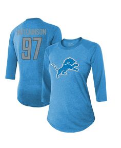 Женская футболка Aidan Hutchinson Blue Detroit Lions с именем и номером реглан с рукавами 3/4 Majestic, синий