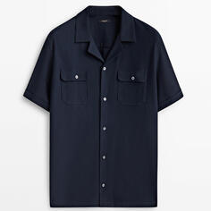 Рубашка Massimo Dutti Micro-Twill Short Sleeve With Pockets, темно-синий