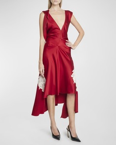 Асимметричное кружевное атласное платье миди с глубоким вырезом и драпировкой Victoria Beckham