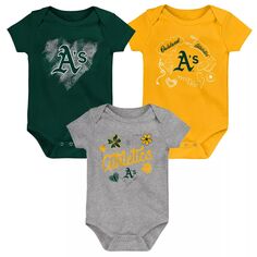 Комплект из 3 боди Oakland Athletics зеленого/золотого/серого цвета для новорожденных и младенцев, комплект из 3 предметов Outerstuff