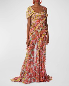 Асимметричное шифоновое платье с короткими рукавами и рюшами с разноцветным принтом Carolina Herrera