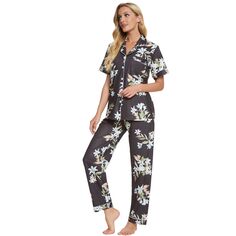 Женский пижамный комплект на пуговицах с цветочным принтом из 2 предметов, одежда для сна и сна cheibear, черный