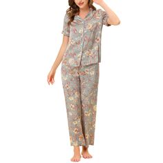 Женский пижамный комплект из шелкового атласа с цветочным принтом, топом и брюками с короткими рукавами cheibear, синий