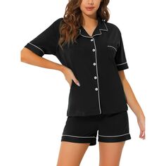 Женские пижамы, летние комплекты для отдыха на пуговицах с короткими рукавами и шортами cheibear, черный