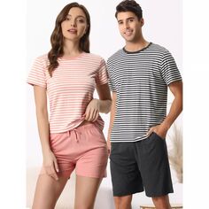 Женская одежда для сна, футболка с короткими рукавами и шортами, пижамные комплекты для пар в полоску cheibear