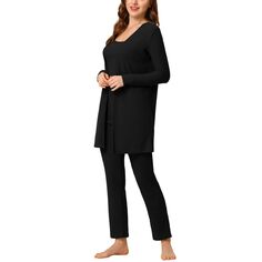 Женская трикотажная одежда для сна для отдыха, брюки, кардиган, пижамный комплект из 3 шт. cheibear, черный