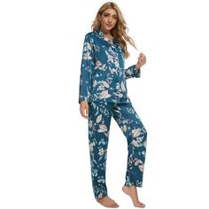 Женский пижамный комплект, мягкая атласная шелковистая рубашка на пуговицах с цветочным принтом и брюки, одежда для сна, 2 шт. cheibear, темно-синий