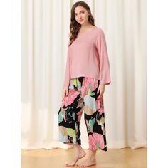 Женские капри с длинным рукавом из 2 предметов с цветочным принтом, пижамные комплекты для отдыха, пижамные комплекты cheibear, розовый
