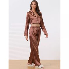 Женская пижама из ледяного шелка, пижама с V-образным вырезом и пряжкой, повседневный пижамный комплект cheibear, коричневый