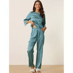 Женская атласная пижама для отдыха с брюками, пижамный комплект с длинными рукавами и длинными рукавами cheibear, серый/зеленый