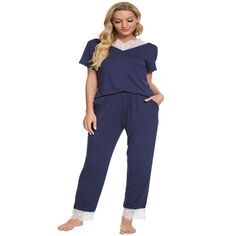 Женская пижама с v-образным вырезом и кружевом, ночная рубашка с брюками, пижамный комплект для дома cheibear, синий