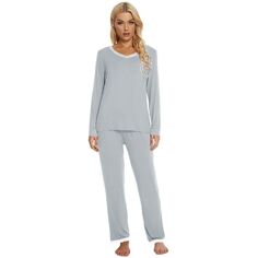 Женская пижама с V-образным вырезом, кружевная ночная рубашка и брюки, пижамный комплект для дома cheibear, серый