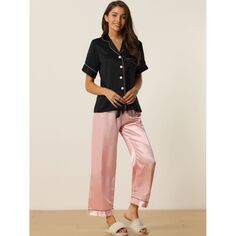Cheibear, женская атласная пижама на пуговицах с короткими рукавами и свободные брюки, шелковистые пижамные комплекты для отдыха cheibear, розовый