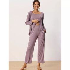 Cheibear Женская одежда для сна из 3 предметов, однотонные топы с длинными рукавами, майка и брюки, пижамный комплект cheibear, фиолетовый