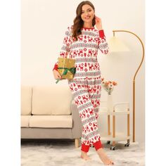Женская пижама с круглым вырезом, рождественская ночная рубашка с брюками, пижамный комплект для дома cheibear, белый