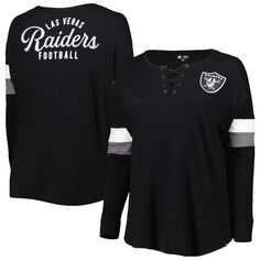 Женская черная футболка New Era Las Vegas Raiders размера плюс, спортивная университетская футболка на шнуровке с v-образным вырезом и длинными рукавами New Era