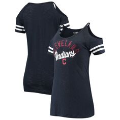 Женская темно-синяя футболка из джерси New Era Cleveland Indians Slub с открытыми плечами New Era