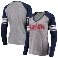 Женская футболка G-III 4Her by Carl Banks серая/темно-синяя франшиза Cleveland Indians Tri-Blend реглан с длинным рукавом G-III