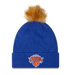 Женская вязаная шапка New Era Royal New York Knicks Snowy с манжетами и помпоном New Era