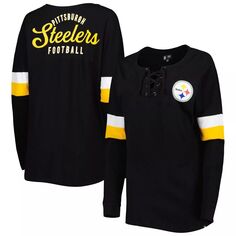 Женская черная спортивная университетская футболка New Era на шнуровке с длинными рукавами Pittsburgh Steelers New Era