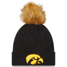 Женская вязаная шапка New Era Black Iowa Hawkeyes Snowy с манжетами и помпоном New Era