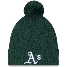 Женская зеленая вязаная шапка New Era Oakland Athletics с манжетами и помпоном New Era