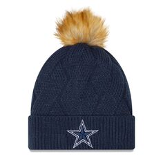 Женская темно-синяя вязаная шапка New Era Dallas Cowboys с манжетами и помпоном New Era