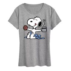 Женская футболка с рисунком Peanuts Donut Coffee Snoopy Licensed Character, серый