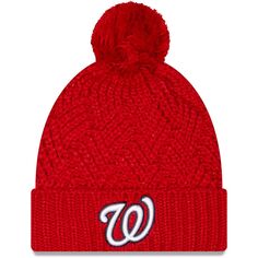 Женская красная вязаная шапка New Era Washington Nationals с манжетами и помпоном New Era