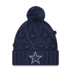 Женская темно-синяя вязаная шапка New Era Dallas Cowboys с манжетами и помпоном New Era
