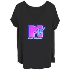 Детская футболка больших размеров MTV ярко-розового и синего цвета с неоновой вывеской и логотипом, с v-образным вырезом и графическим рисунком Licensed Character