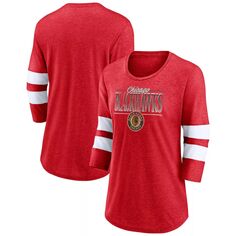 Женская футболка Fanatics с фирменным принтом красного/белого цвета Chicago Blackhawks Full Shield, с рукавами 3/4, трехцветная футболка реглан с овальным вырезом Fanatics