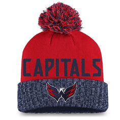 Женская фирменная красно-темно-синяя вязаная шапка Washington Capitals с манжетами и помпоном Fanatics Fanatics