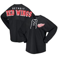 Женская футболка из джерси с длинным рукавом и треугольным вырезом на шнуровке Fanatics, черная фирменная футболка Detroit Red Wings Spirit Fanatics