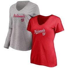 Комбинированный комплект женской футболки Fanatics красного/серого цвета с логотипом Washington Nationals Team с v-образным вырезом Fanatics