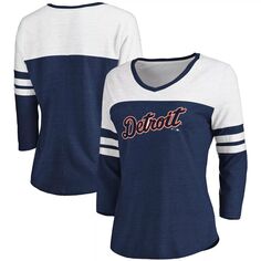 Женская футболка с треугольным вырезом и треугольным вырезом с рукавами 3/4, темно-синяя/белая с официальной надписью Detroit Tigers Fanatics Fanatics
