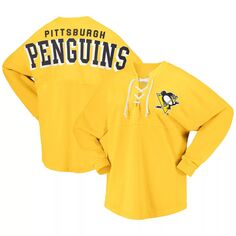 Женская футболка из джерси с длинным рукавом и v-образным вырезом на шнуровке Fanatics, золотая футболка с логотипом Pittsburgh Penguins Spirit Fanatics