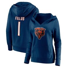 Женская толстовка с капюшоном и логотипом Fanatics Justin Fields Navy Chicago Bears со значком игрока, имя и номер, пуловер с v-образным вырезом Fanatics