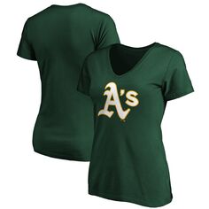 Зеленая женская футболка Fanatics с v-образным вырезом и официальным логотипом Oakland Athletics Core Fanatics