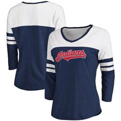 Женская футболка с треугольным вырезом и v-образным вырезом с рукавами 3/4, темно-синяя/белая с официальной надписью Cleveland Indians Fanatics, с треугольным вырезом Fanatics